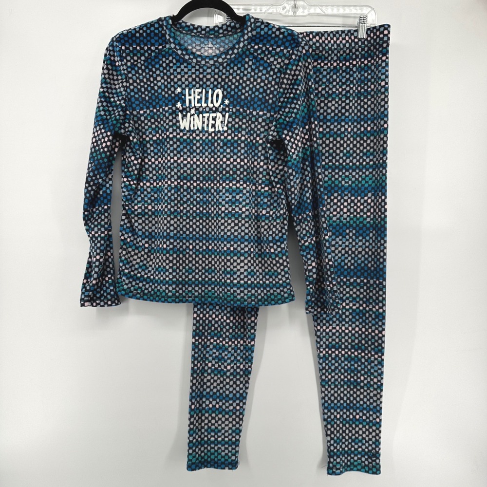 Cuddl Duds Womens Medium Blue Hello Winter Pixel Dot Pajama Set Top Leggings